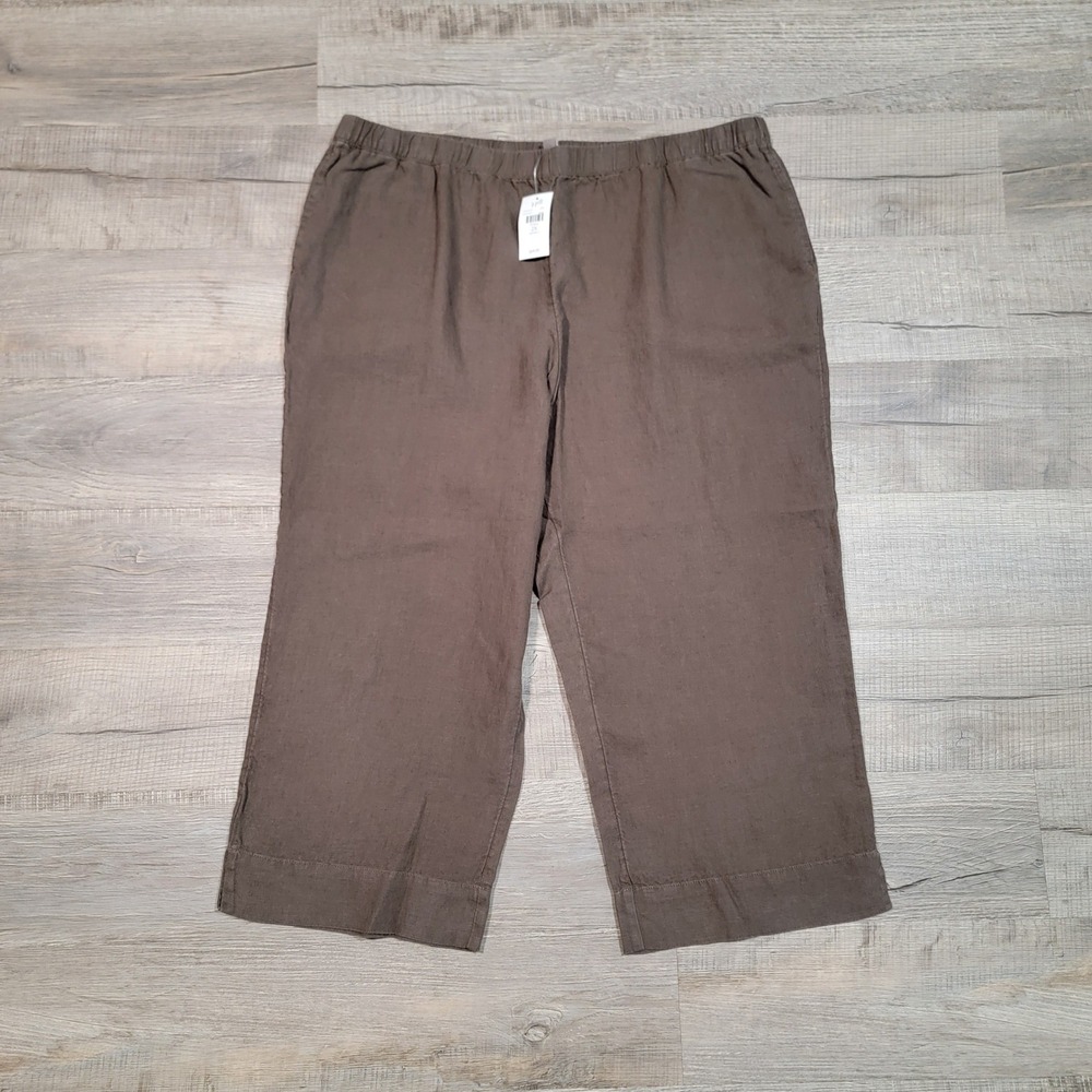 J Jill Women 2X Shale Brown 100% Linen Elastic Waist Crop Wide Leg Pants Pockets